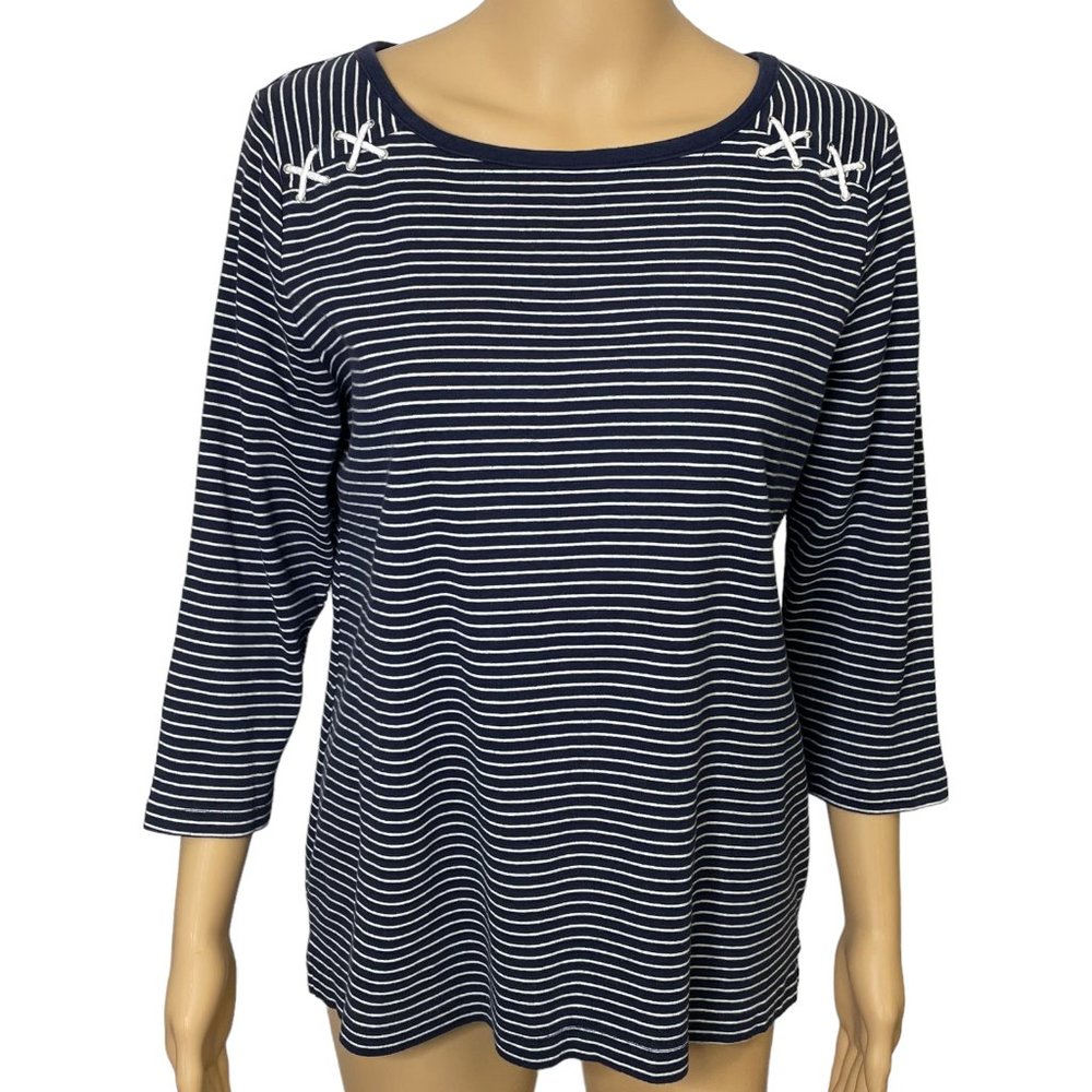 Croft & Barrow Women's‎ L Blue White Striped 3/4 Sleeve Pullover Blouse Shirt